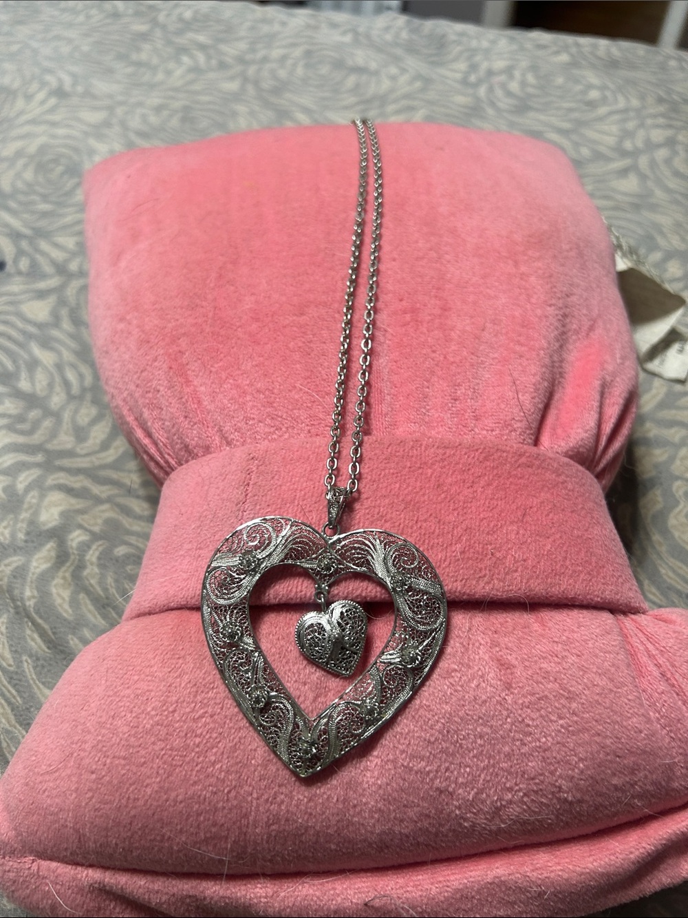 Silver Filigree Heart Pendant Necklace - Pink Display